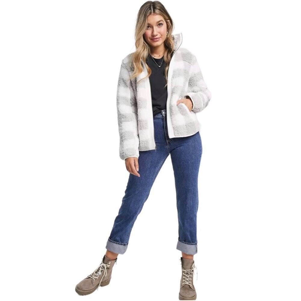 A&F Sherpa Check Fleece Plaid Full Zip Jacket Coat Gray and White Size Medium